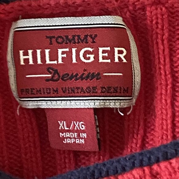 Vintage Y2K Tommy Hilfiger Red Sweater Ribbed Arms Back Flag Logo - Picture 4 of 5